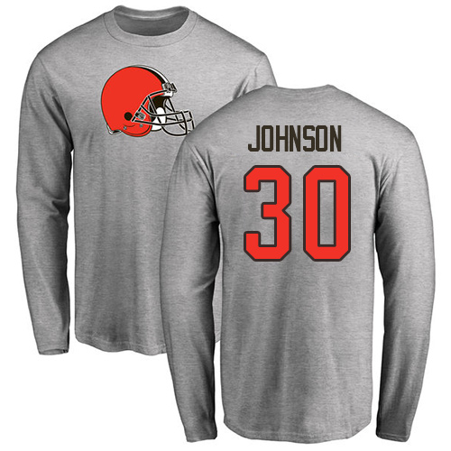Men Cleveland Browns D Ernest Johnson Ash Jersey #30 NFL Football Name and Number Logo Long Sleeve T Shirt->cleveland browns->NFL Jersey